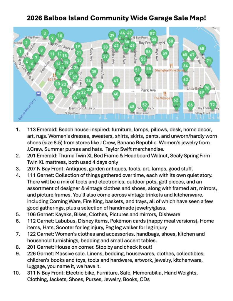 View the 2026 Balboa Island Garage Sale Map of Sellers