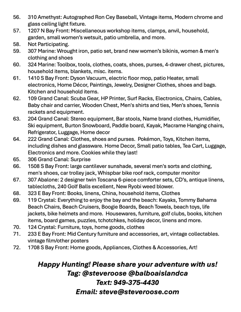 View the 2026 Balboa Island Garage Sale Map of Sellers