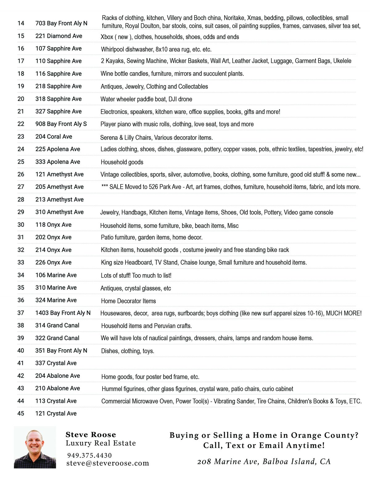 Balboa Island Garage Sale 4/10/21 Hosted by Steve Roose with Luxury