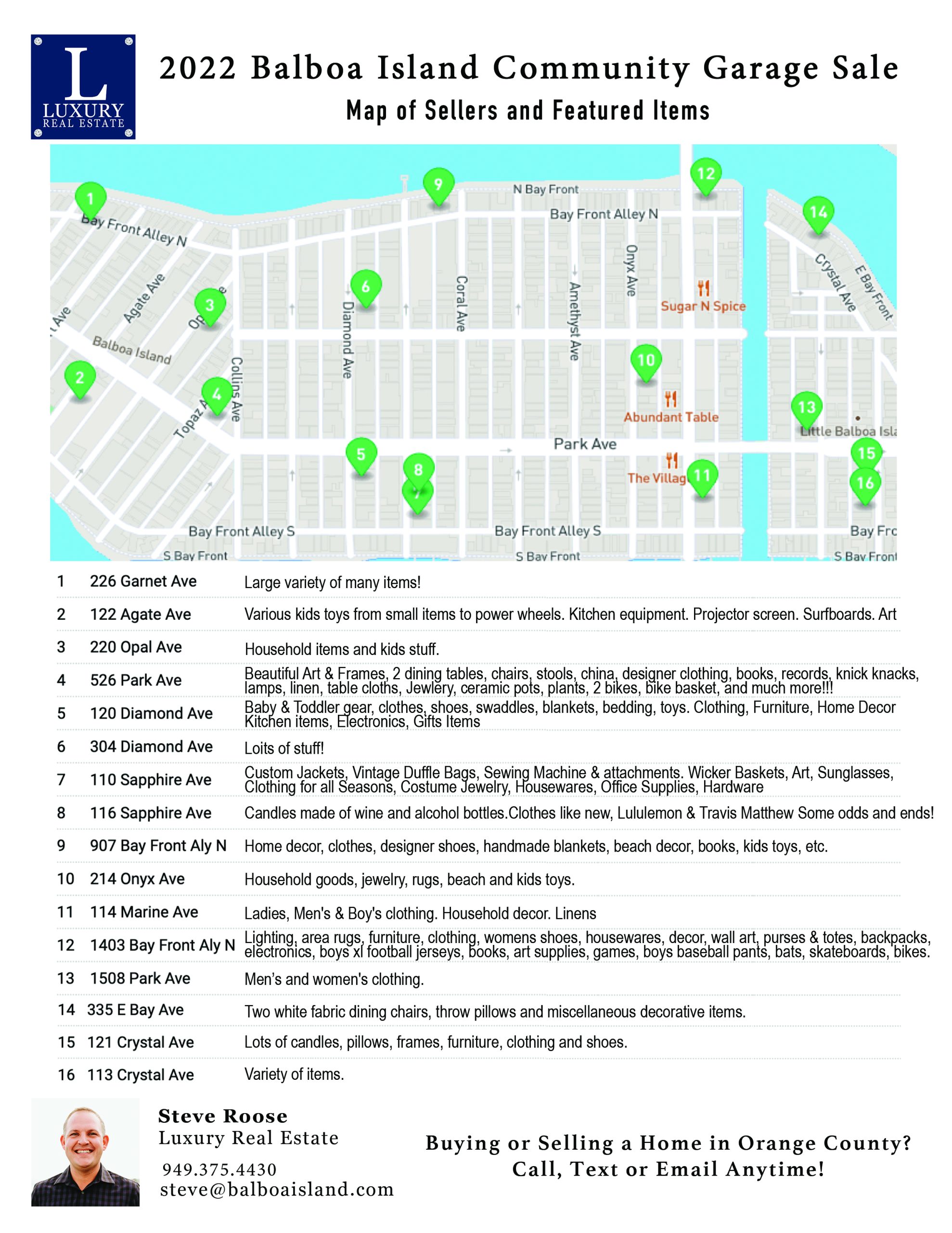 2022 Balboa Island Garage Sale - Map of Sellers